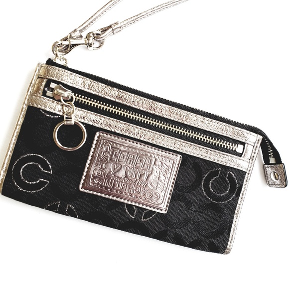 Coach Handbags - Coach || Black Silver Poppy Wristlet